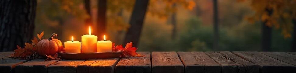 Cozy autumn evening scene with warm candlelight illuminating a rustic wooden table, creating a soft, intimate ambiance Perfect for blogs, websites, or home decor projects , autumn, soft, vintage