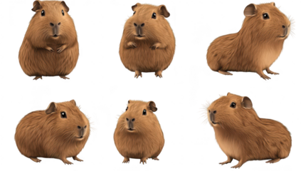A collection of adorable brown guinea pigs various poses and expressions. highlighting their playful nature in a clean. neutral background ideal for pet-themed projects