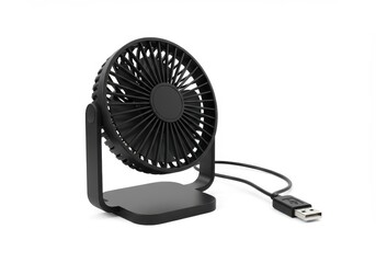 Modern black desk fan, designed for personal cooling, features a USB connection for power and is presented on a clean white background, showcasing its sleek design with blades clearly visible.
