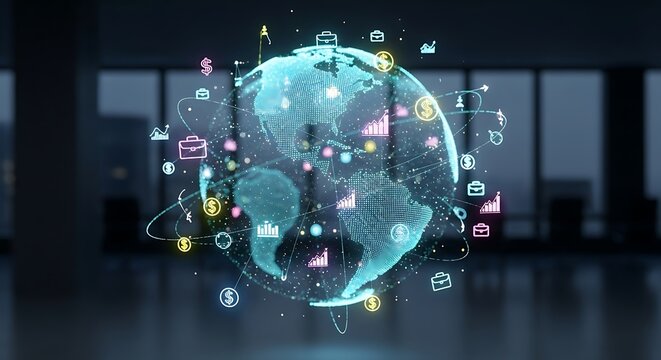 Worldwide digital economy concept with interconnected financial and technological data icons