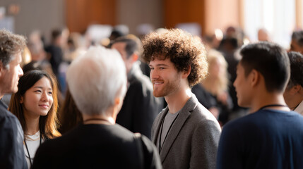 Diverse group of professional people smiling during networking conversation at business conference event. Professionals engaging in happy meeting and discussion