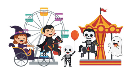 Halloween Carnival Delight: A whimsical scene unfolds at a Halloween-themed carnival, featuring a joyous witch riding a carriage, a delighted vampire on a carousel horse, a grinning skeleton.