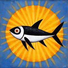 Graphic Fish Illustration with Yellow Sunburst on Textured Blue Background