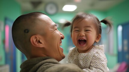 A joyful moment shared between a father and his laughing daughter in a colorful indoor setting.