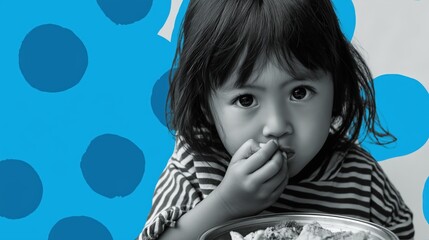 A monochrome image of a child eating, with a vibrant blue background and polka dots, capturing curiosity and innocence.