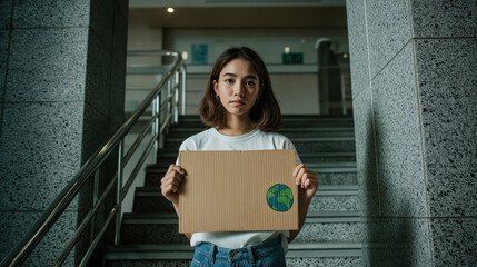 A young woman holds a cardboard sign depicting the Earth, standing on stairs in a modern building, conveying an environmental message.