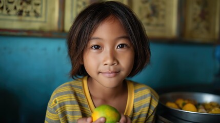 A young girl with short hair holds a green fruit, wearing a striped shirt, with a warm expression and a colorful background.
