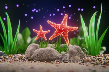 Luminous Red Starfish in Underwater Grotto
