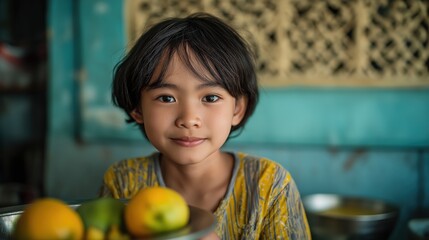 A young child with short hair smiles warmly while holding a bowl of fruits, set against a vibrant blue background.