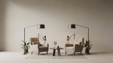 Meticulously designed podcast studio in neutral beige tones with two modern armchairs, professional microphones, and floor lamps.