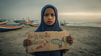 A young girl in a hijab holds a cardboard drawing of fish at a beach with fishing boats in the background, conveying a message of hope or aspiration.