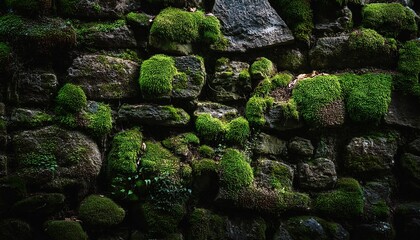 Dark Mysterious Mossy Stone Wall Background