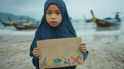 A young child in a blue hijab holds a cardboard sign with colorful drawings, standing on a beach with boats in the background.
