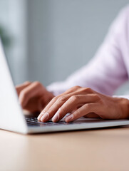 Fototapeta premium Professional woman typing on laptop keyboard, diligently working online with concentration. close up of hand on computer for business, education, or freelance career project