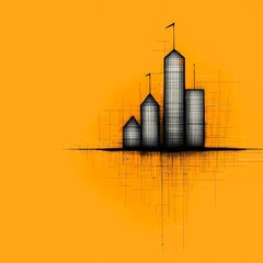 Minimalist Black and White Cityscape Illustration on Amber Background