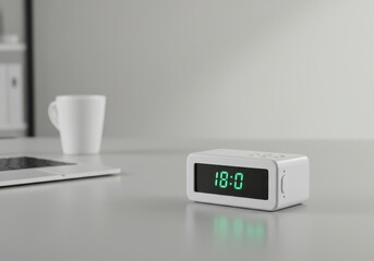 Digital clock displaying 18:00 on a white desk, positioned near a laptop and coffee mug, capturing a minimalist, modern office aesthetic, with a focus on time management and contemporary workspace...
