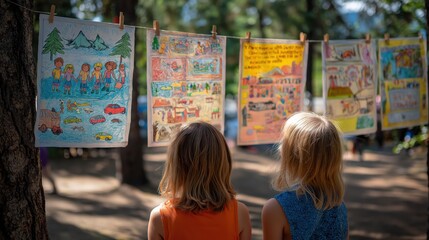 Two children admire colorful artwork displayed on a clothesline in a sunny outdoor setting, surrounded by trees and nature.
