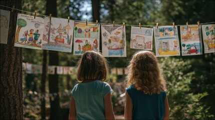 Two children admire colorful drawings displayed on a line in a forest, surrounded by nature, creating a playful and artistic atmosphere.