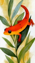 Orange Spotted Salamander on Lush Green Leaves Against Textured Yellow and White