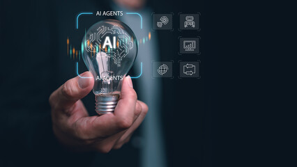 Businessman holding a glowing lightbulb with AI circuits and virtual icons, symbolizing AI agents, automation, data analysis, robotics, global connectivity and modern digital innovation.
