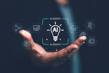 Futuristic concept of AI agents with glowing icons above a hand, representing artificial intelligence, automation, cloud computing, global connectivity and smart digital technology.