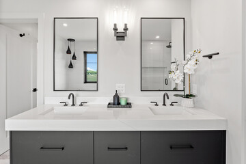 The bathroom is very clean and well-lit