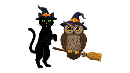 Magical companions: A whimsical depiction of a charming black cat and a wise owl, both adorned with pointed hats and radiating the spirit of Halloween.