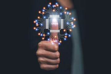Close-up of a hand pressing a glowing virtual microchip labeled CRISIS, symbolizing technology failure, cyber risk, digital security issues and challenges in artificial intelligence systems.