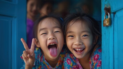Two joyful girls playfully posing at a colorful door, one making a peace sign and the other sticking out her tongue, radiating happiness and friendship.