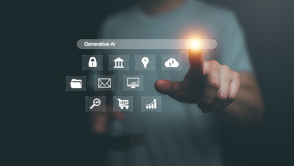 Futuristic concept of generative AI with man touching glowing virtual interface, displaying icons for cloud, data, finance, shopping, and technology innovation in a digital environment.