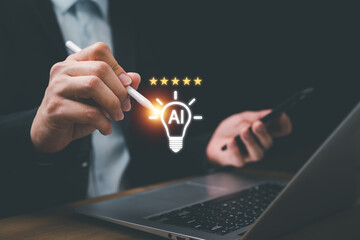 Businessman using digital pen to highlight AI innovation with glowing lightbulb and five-star rating above laptop, symbolizing artificial intelligence, creativity and modern business technology.