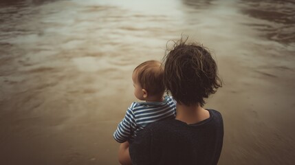 A person holds a child while gazing at a calm river, capturing a moment of connection and contemplation in a serene environment.