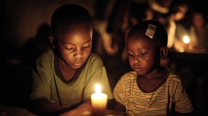 Two children sit closely together, illuminated by a candle's warm glow, creating an intimate and thoughtful atmosphere in a dimly lit space.