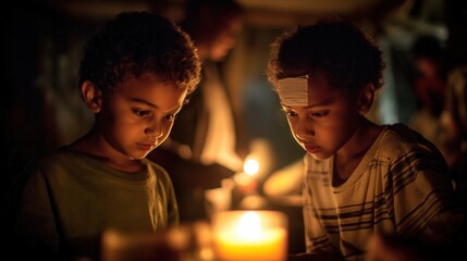 Two boys focus intently on a candle's light in a dimly lit space, reflecting curiosity and contemplation.