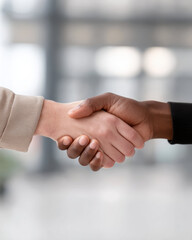 Firm handshake between two diverse business people shows agreement and partnership. professional cooperation signifies successful deal and mutual respect in meeting