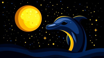 Pixel Art Dolphin Underneath a Yellow Moon and Starry Night Sky