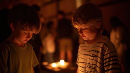 Two children appear contemplative in a dimly lit setting, focusing on a candle's glow amidst a gathering of people.