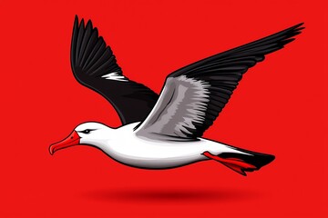 Pixel Art Seabird in Flight Against Red Background