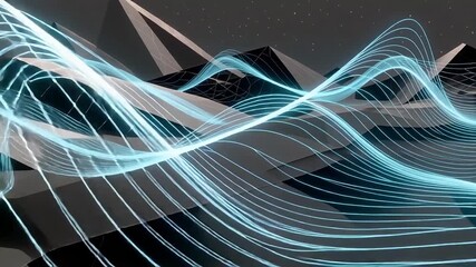 Dynamic neon light waves flow over abstract geometric landscape under starry night sky - Powered by Adobe