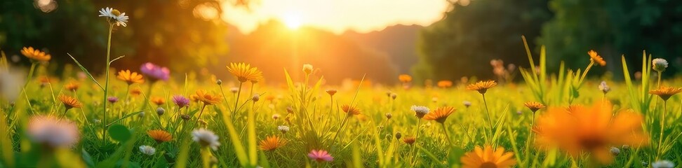 Obraz premium Golden hour sunlight bathes a vibrant summer landscape, illuminating lush greenery and wildflowers in a picturesque meadow Perfect for summer, nature, and warmth themes , heat, sunny, rural