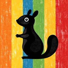 Playful Black Squirrel Illustration on Rainbow Stripes