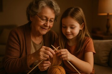 Senior woman and little girl sharing a joyful moment while teaching knitting, fostering family bonding and creating cherished memories together