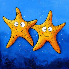 Playful Orange Starfish Duo on Textured Blue Background