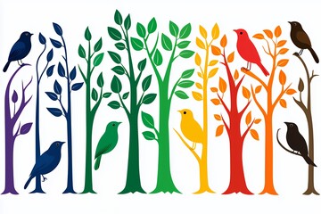 Rainbow Forest Illustration with Colorful Birds