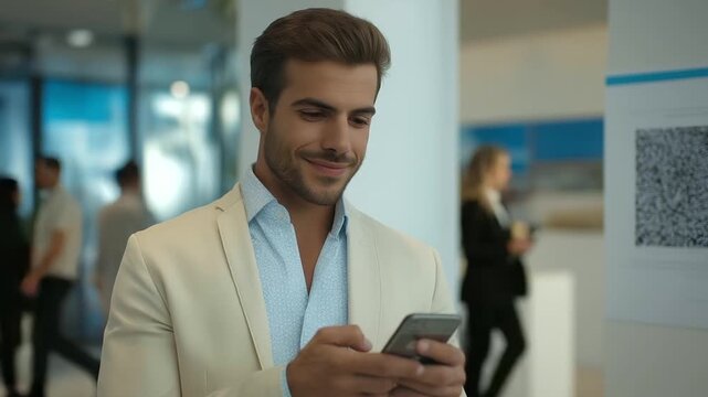 male MBA candidate scanning QR code on investor brochure modern conference faint crowd murmur tech savvy three quarter wide angle cinematic color correction gentle backlight