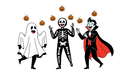 Spooky Spectacle: Halloween costumes, including a ghost, skeleton, and vampire, are captured in a playful moment amidst floating pumpkins, creating a festive illustration. 