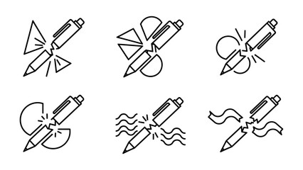 Pen and Geometric Icons: A collection of pen with various geometric and organic shapes around in simple black and white art representing concepts of creativity, ideas and imagination.