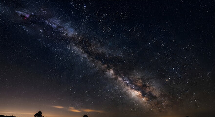Fototapeta premium Dramatic Milky Way Galaxy with Sparkling Stars and Silhouette Trees