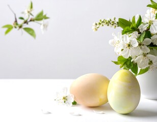 Easter eggs and spring blossoms on a white table