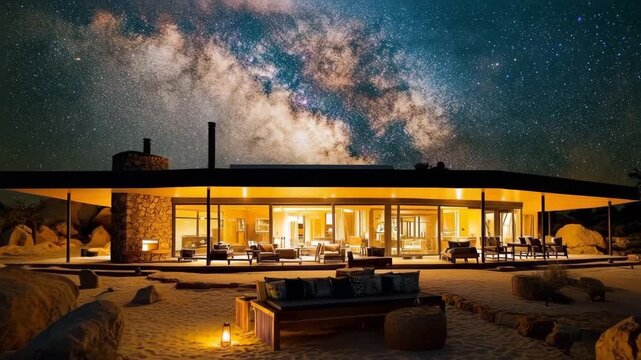 Gen Turbo captures stunning flyby over desert retreat with starry night sky and modern architecture